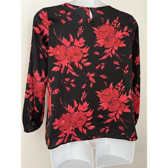 Talbots Womens Floral Popover Blouse Size XL Petite Red Black Long Sleeve Satin - Picture 3 of 7